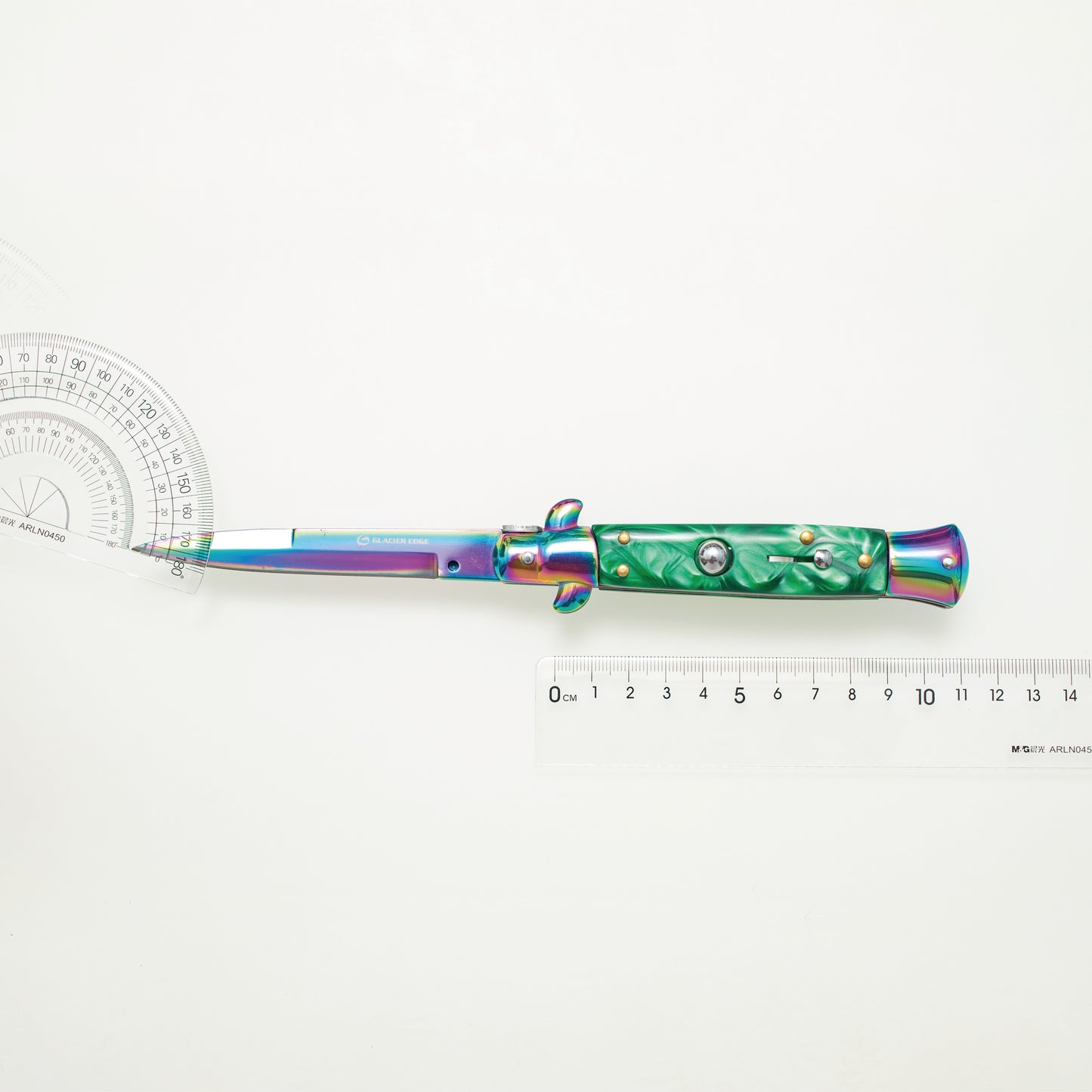 Rainbow Titanium Automatic Knife – 3Cr13 Steel Blade, Green Resin Handle, Stylish EDC Pocket Knife