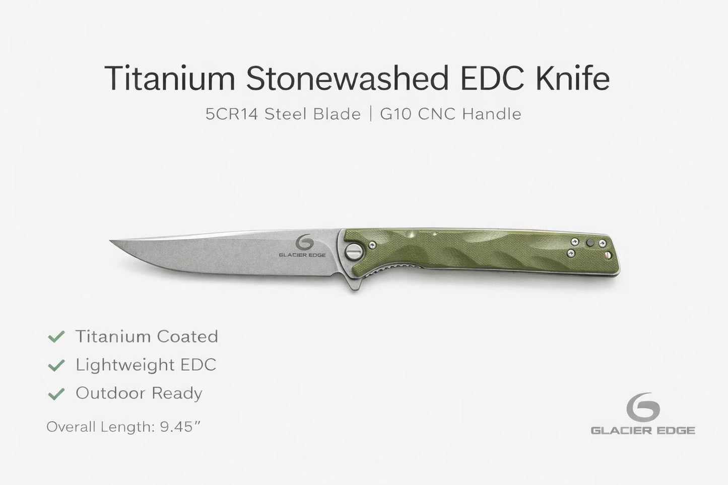 Titanium Stonewashed G10 Folding EDC Knife – Long Blade 5Cr14 Steel, Lightweight Outdoor Utility Tool