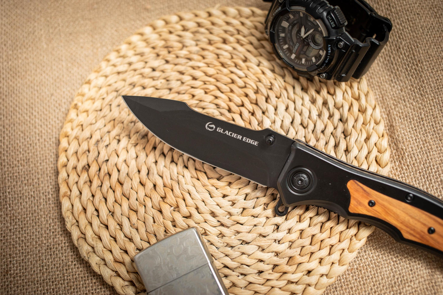 Black Steel Folding EDC Knife – 3Cr13 Blade, Olive Wood Inlay, Lightweight Utility Tool