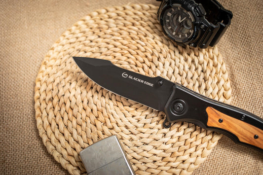 Black Steel Folding EDC Knife – 3Cr13 Blade, Olive Wood Inlay, Lightweight Utility Tool