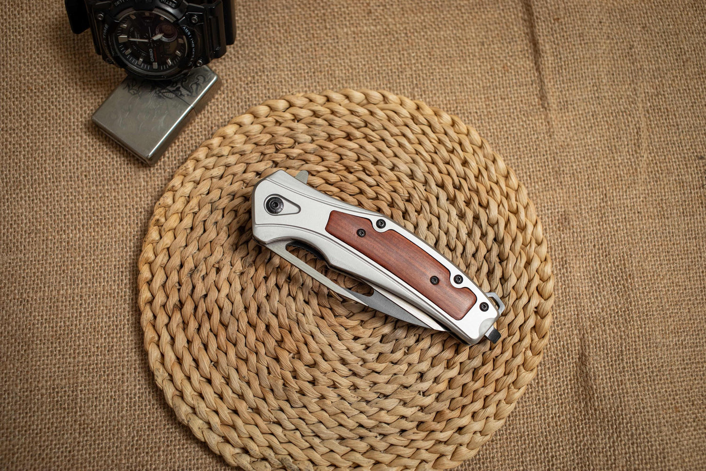 Titanium Steel Folding EDC Knife – 3Cr13 Blade, Rosewood Inlay, Premium Pocket Knife