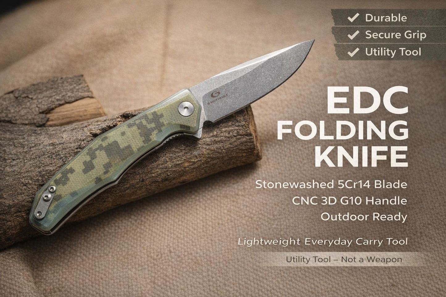 Premium G10 Folding EDC Knife – 5Cr14 Steel, Stonewashed Blade, Lightweight Outdoor Utility Tool