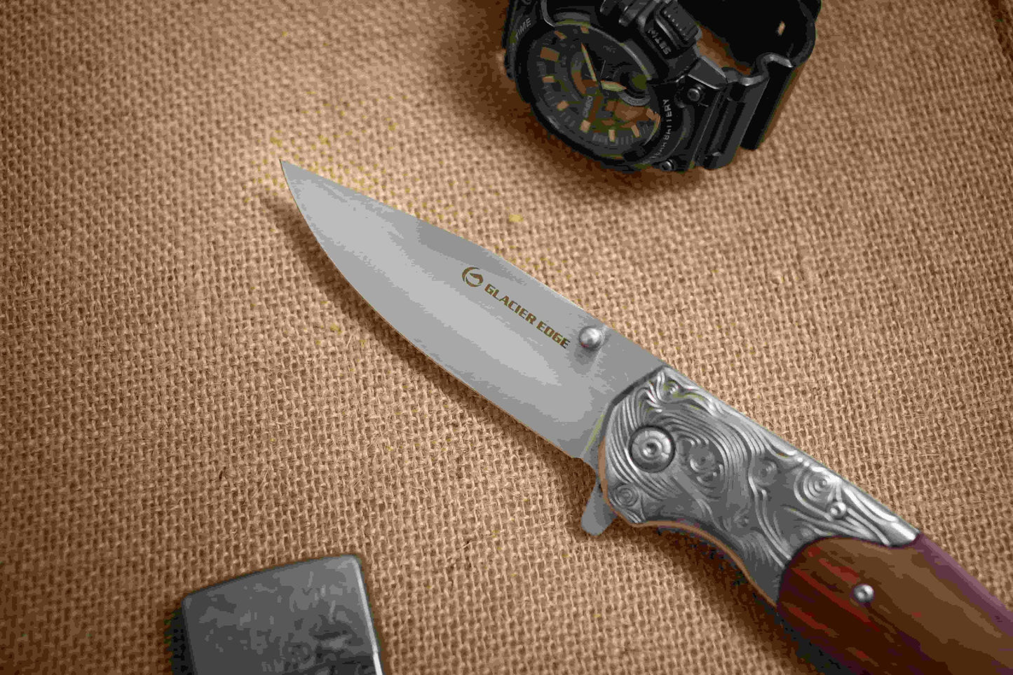Rosewood Handle Folding EDC Knife – 3Cr13 Steel Blade, Brushed Titanium Finish, Premium Pocket Knife