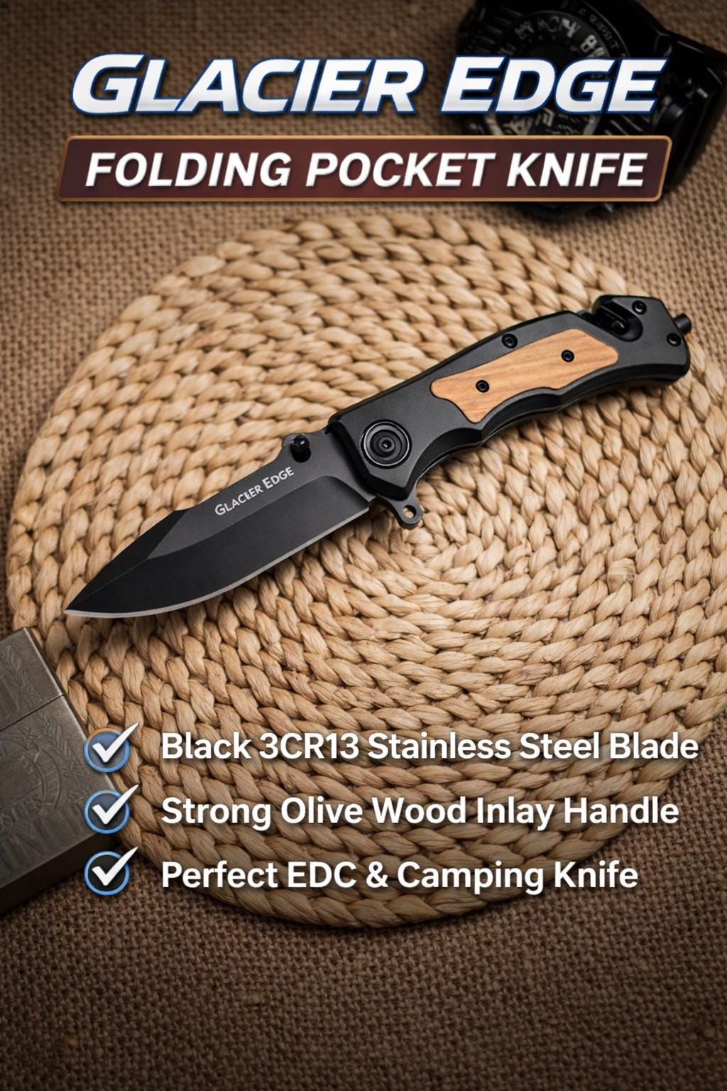 Black Steel Folding EDC Knife – 3Cr13 Blade, Olive Wood Inlay, Lightweight Utility Tool
