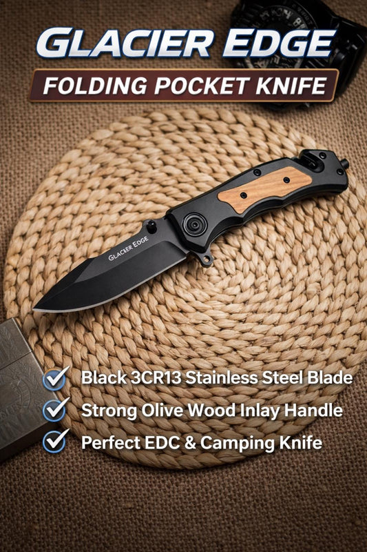 Black Steel Folding EDC Knife – 3Cr13 Blade, Olive Wood Inlay, Lightweight Utility Tool