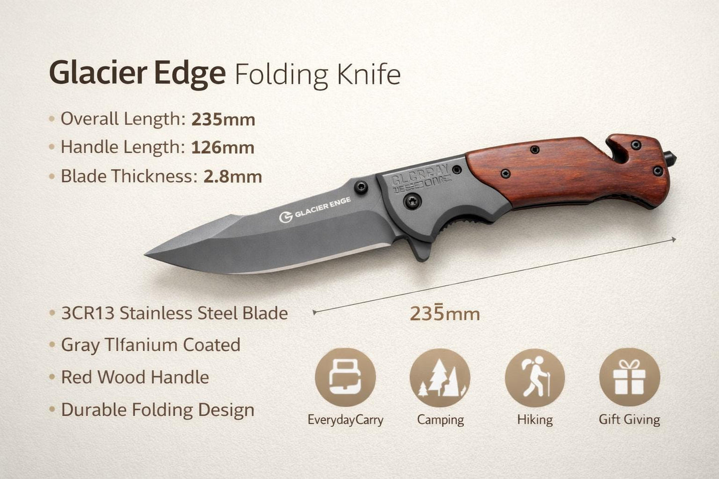 Wood Handle Folding EDC Knife – Titanium Coated 3Cr13 Blade, Premium Pocket Knife Gift