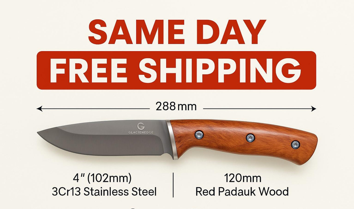 Heavy Duty Hunting Knife – Full Tang 4mm Blade, Wood Handle with Leather Sheath