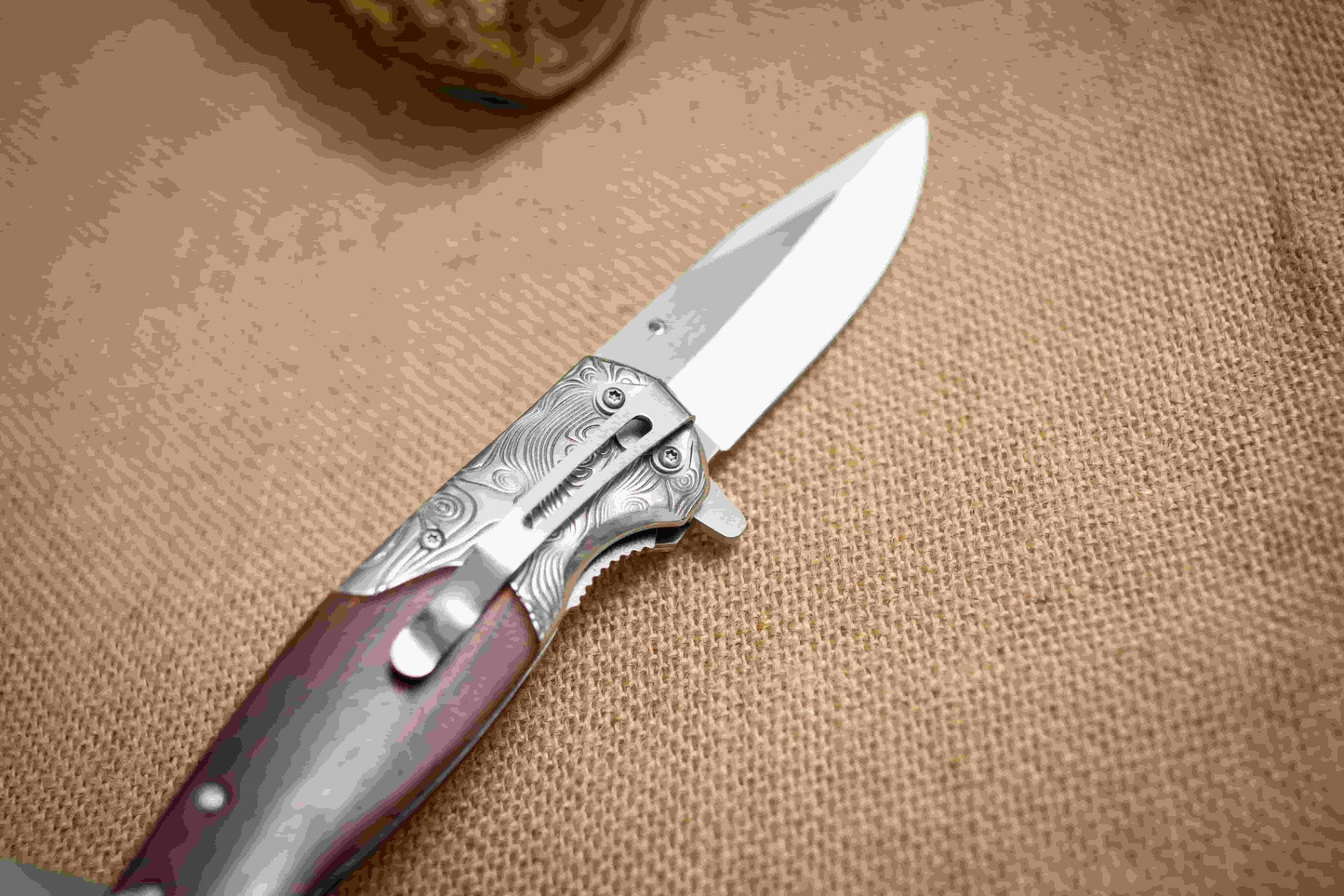Rosewood Handle Folding EDC Knife – 3Cr13 Steel Blade, Brushed Titanium Finish, Premium Pocket Knife