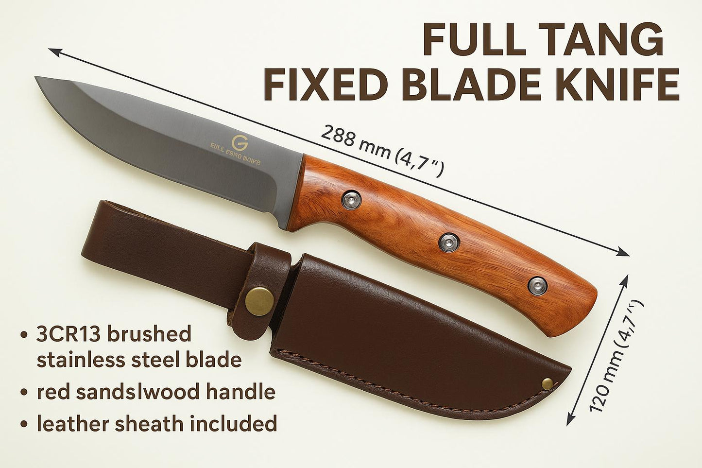 Heavy Duty Hunting Knife – Full Tang 4mm Blade, Wood Handle with Leather Sheath