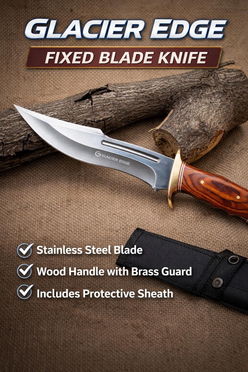 Fixed Blade Outdoor Knife with Sheath – Stainless Steel Hunting Knife, Wood Handle Utility Tool