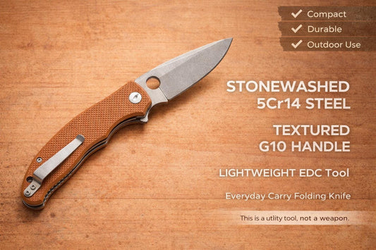Lightweight Brown G10 Folding EDC Knife – 5Cr14 Steel, Stonewashed Blade, Outdoor Utility Tool