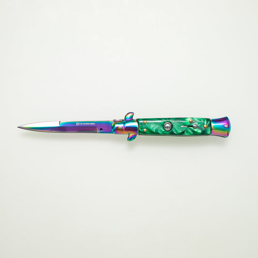 Rainbow Titanium Automatic Knife – 3Cr13 Steel Blade, Green Resin Handle, Stylish EDC Pocket Knife