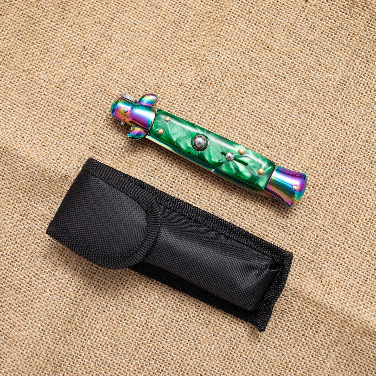 Rainbow Titanium Automatic Knife – 3Cr13 Steel Blade, Green Resin Handle, Stylish EDC Pocket Knife