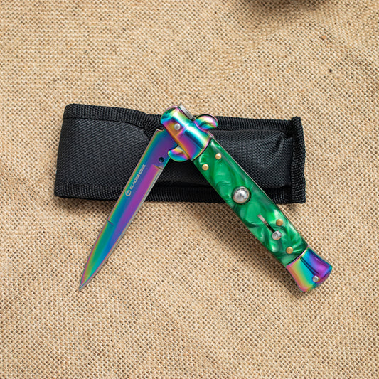 Rainbow Titanium Automatic Knife – 3Cr13 Steel Blade, Green Resin Handle, Stylish EDC Pocket Knife