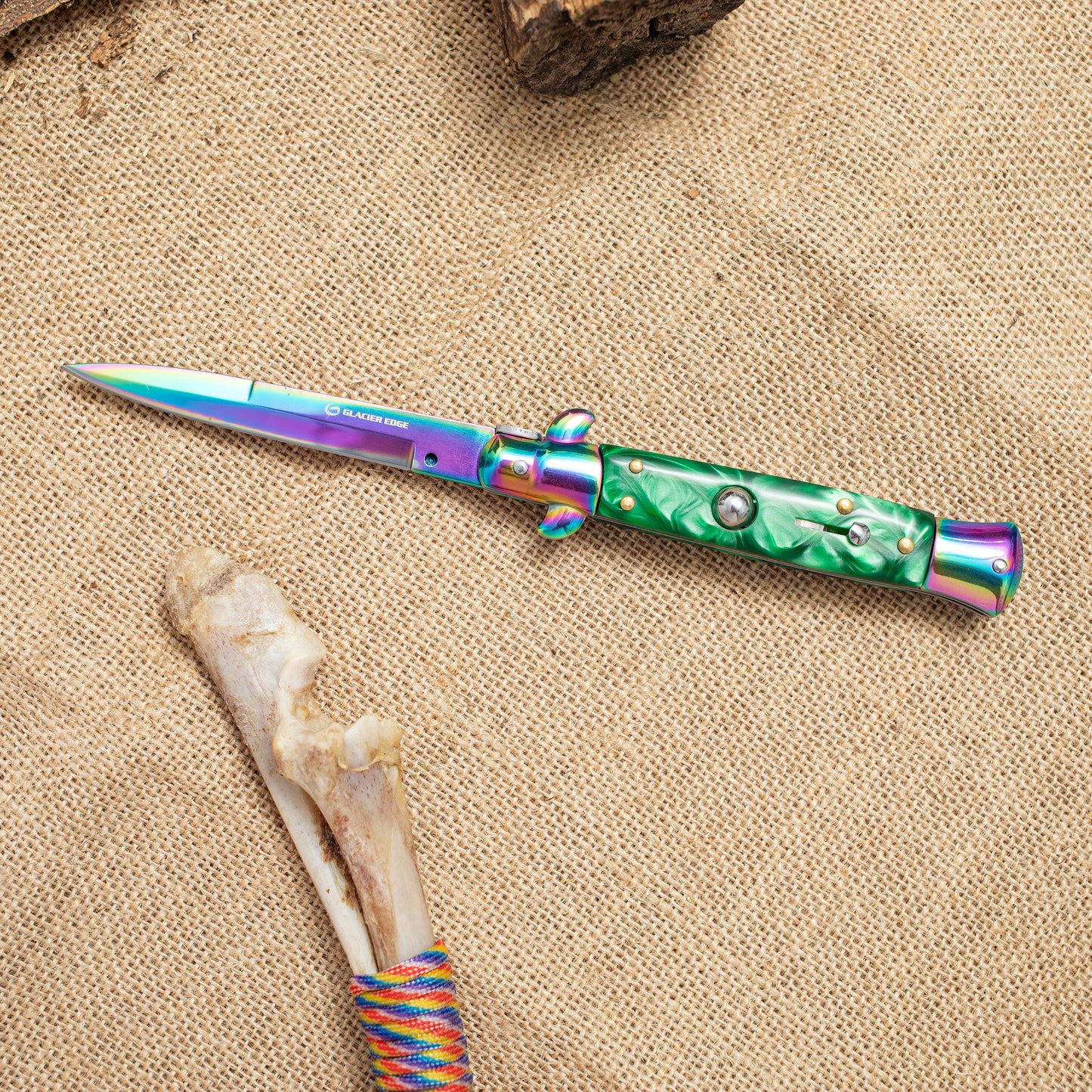 Rainbow Titanium Automatic Knife – 3Cr13 Steel Blade, Green Resin Handle, Stylish EDC Pocket Knife