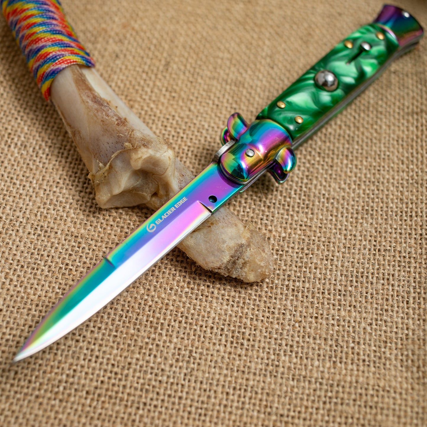 Rainbow Titanium Automatic Knife – 3Cr13 Steel Blade, Green Resin Handle, Stylish EDC Pocket Knife
