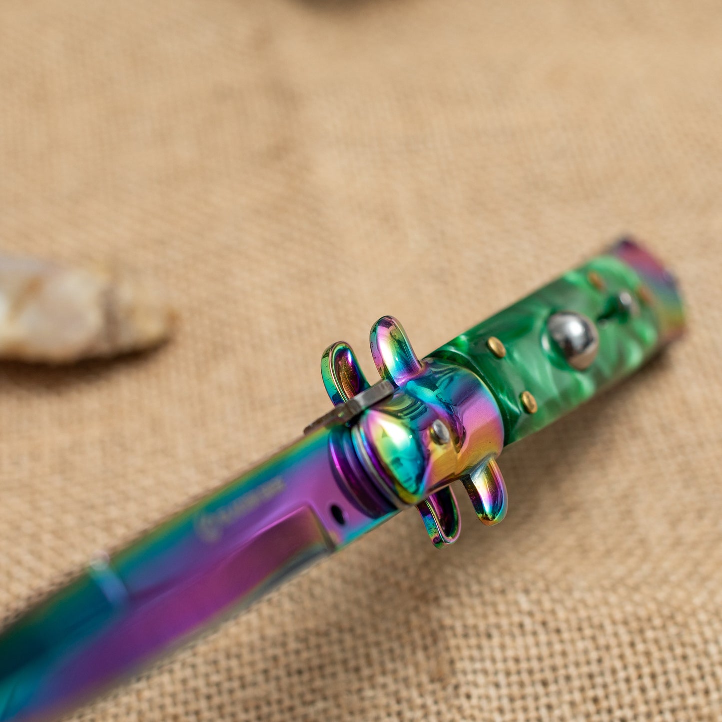 Rainbow Titanium Automatic Knife – 3Cr13 Steel Blade, Green Resin Handle, Stylish EDC Pocket Knife