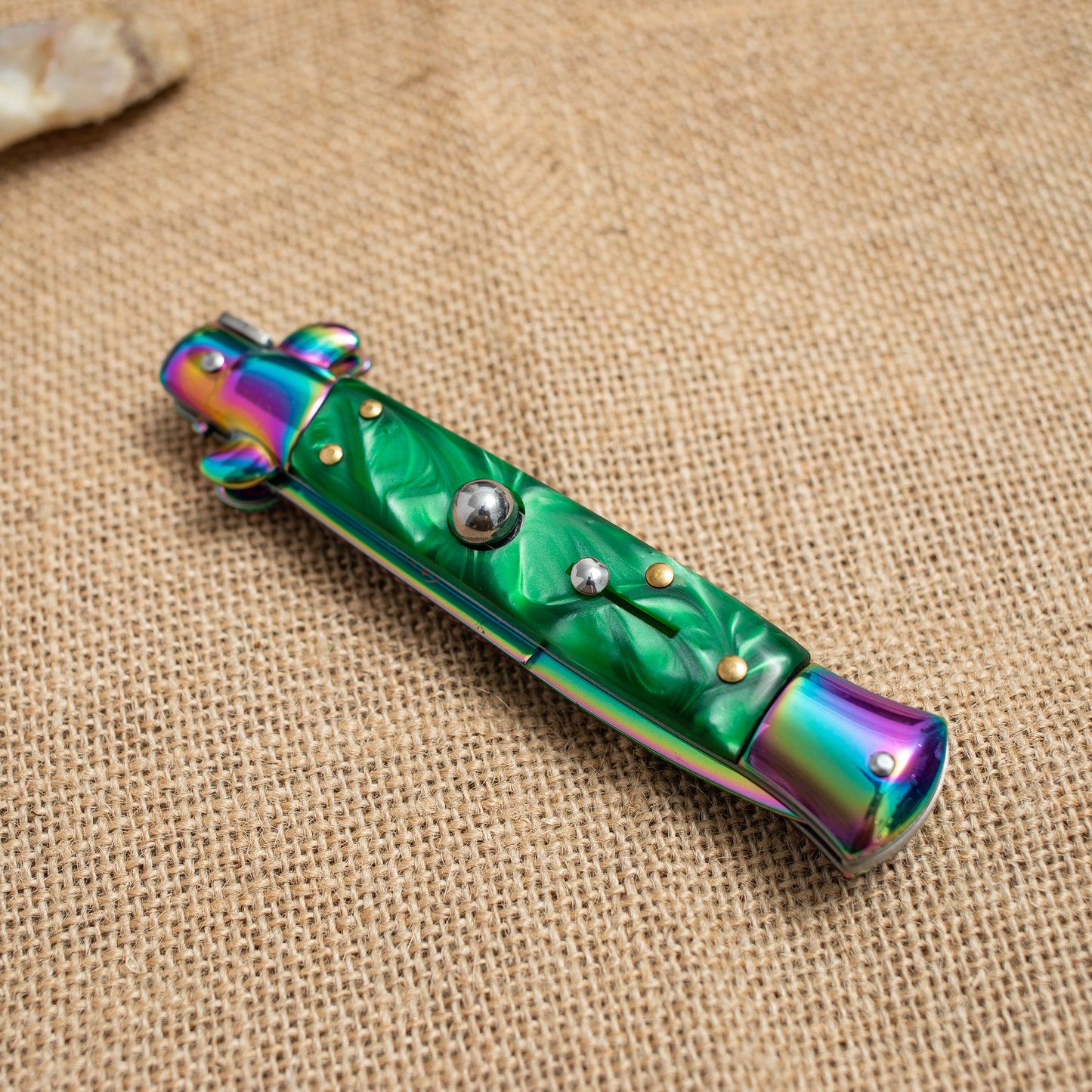 Rainbow Titanium Automatic Knife – 3Cr13 Steel Blade, Green Resin Handle, Stylish EDC Pocket Knife
