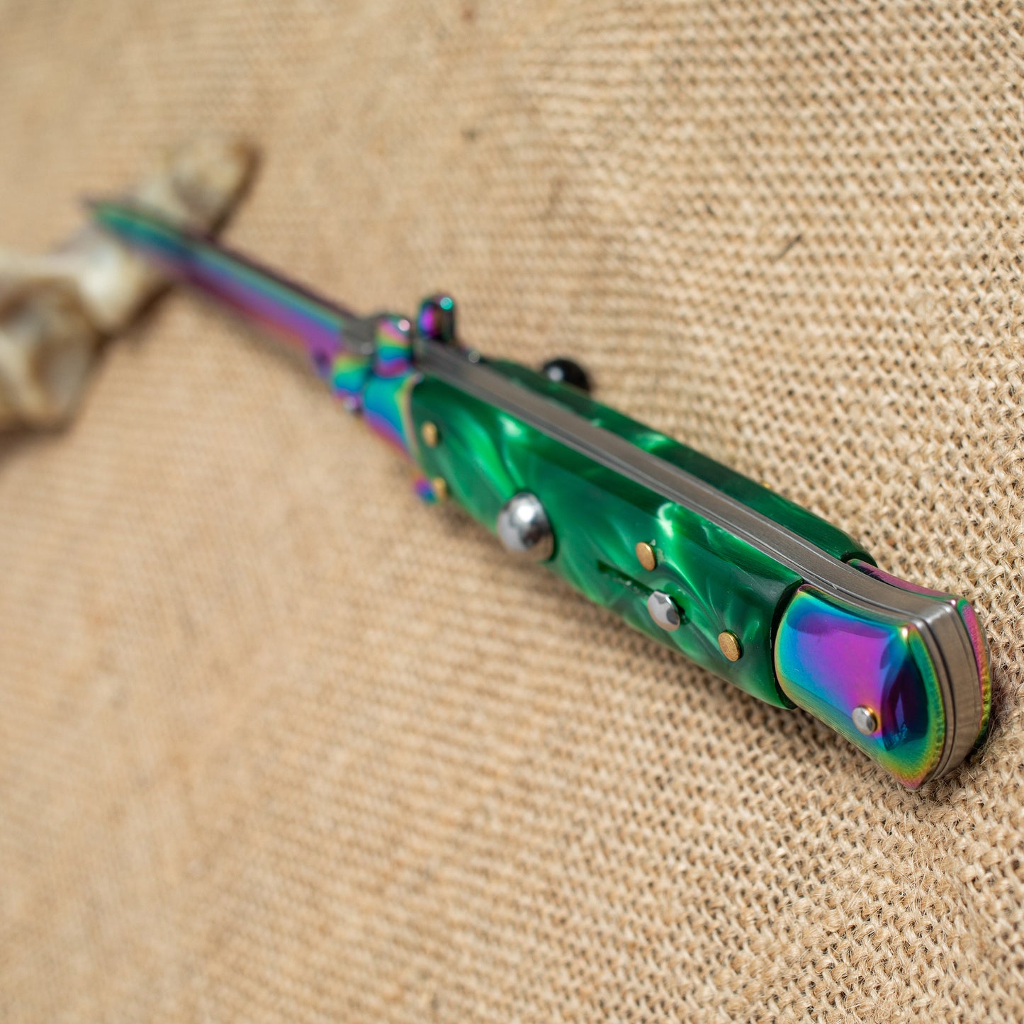 Rainbow Titanium Automatic Knife – 3Cr13 Steel Blade, Green Resin Handle, Stylish EDC Pocket Knife