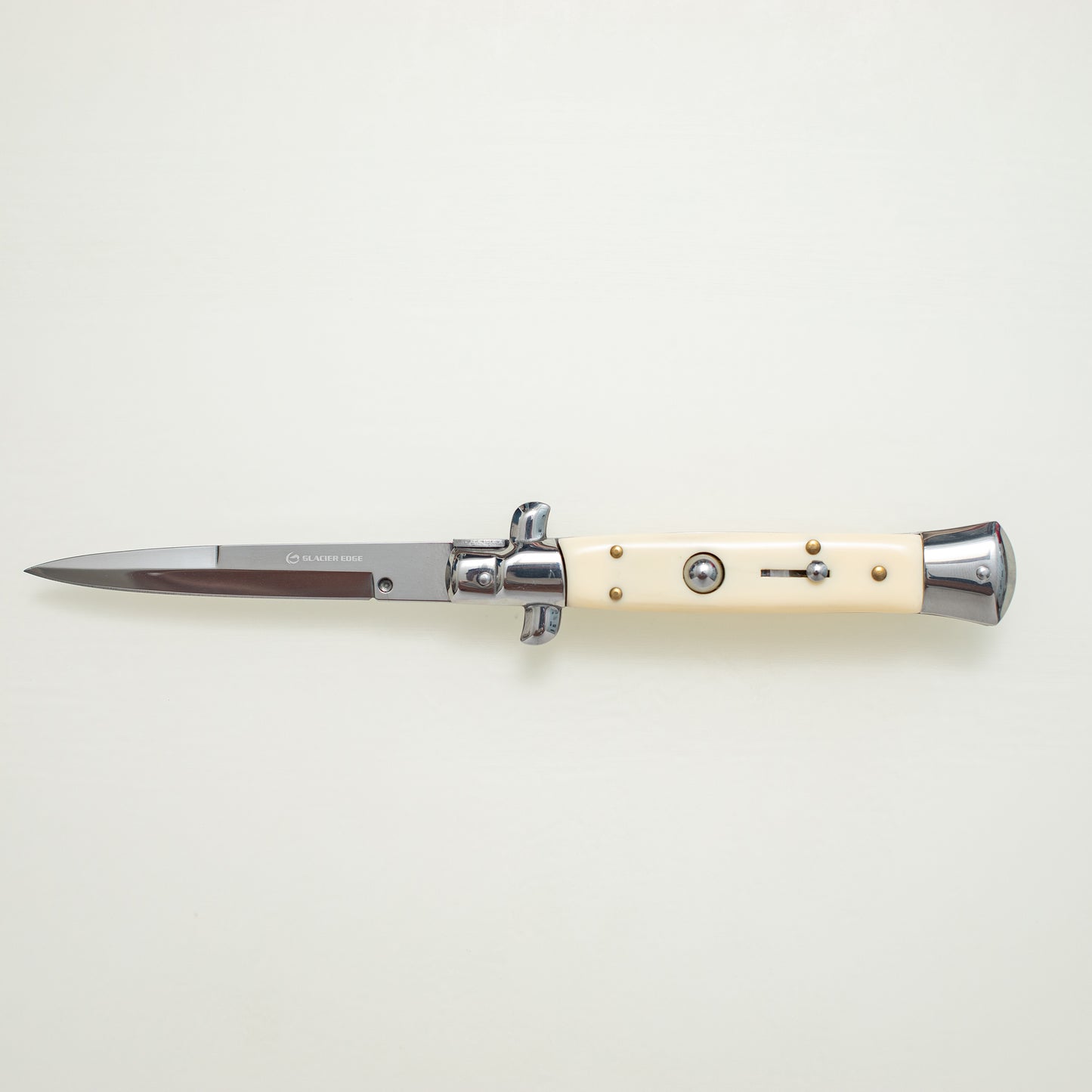 Glacier Edge Italian Style Switchblade Knife – Mirror Finish Blade, Classic White Handle, Everyday Carry