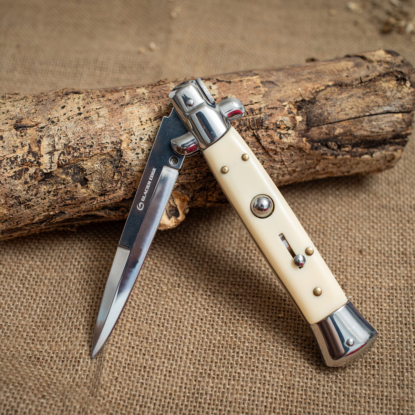 Glacier Edge Italian Style Switchblade Knife – Mirror Finish Blade, Classic White Handle, Everyday Carry