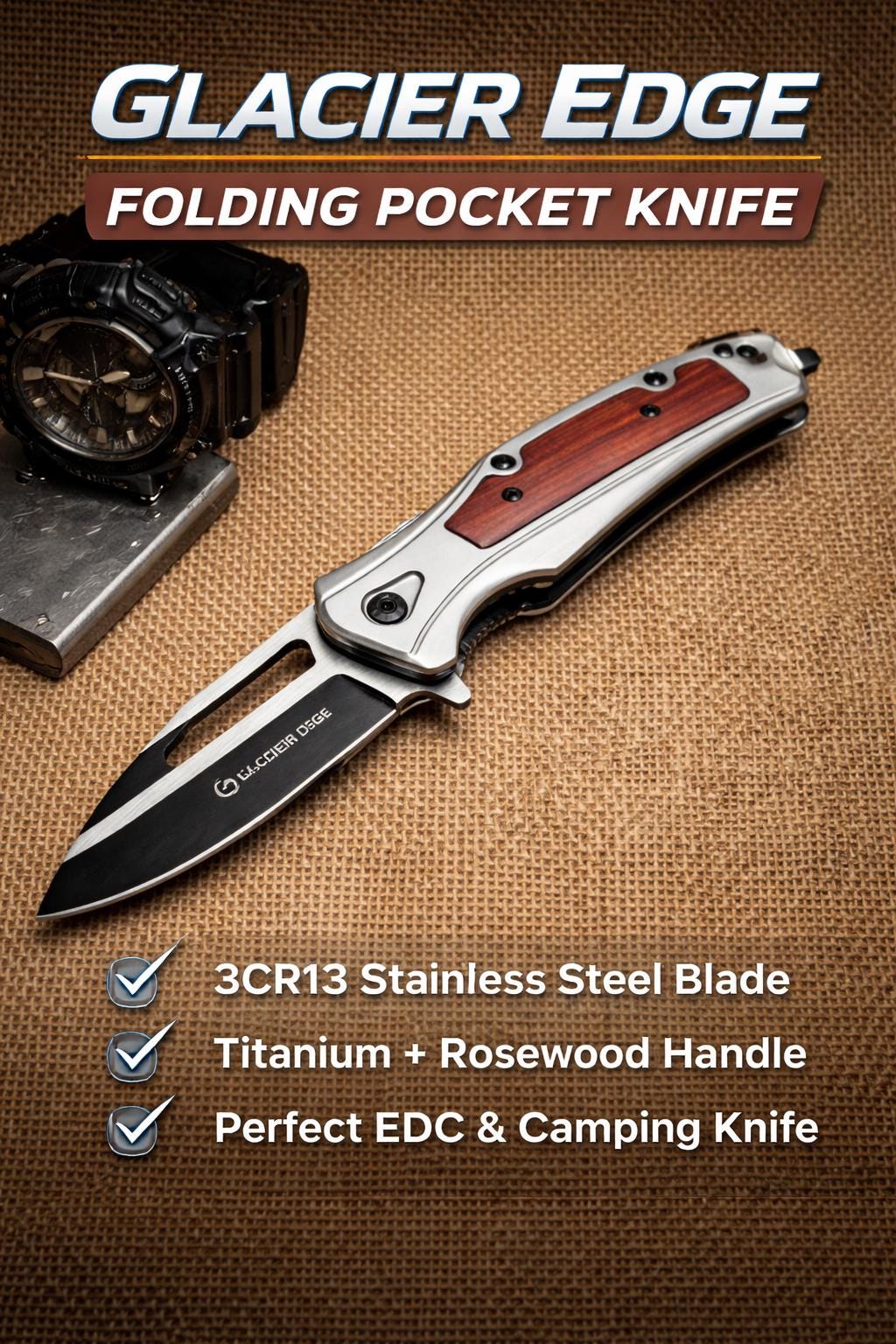 Titanium Steel Folding EDC Knife – 3Cr13 Blade, Rosewood Inlay, Premium Pocket Knife