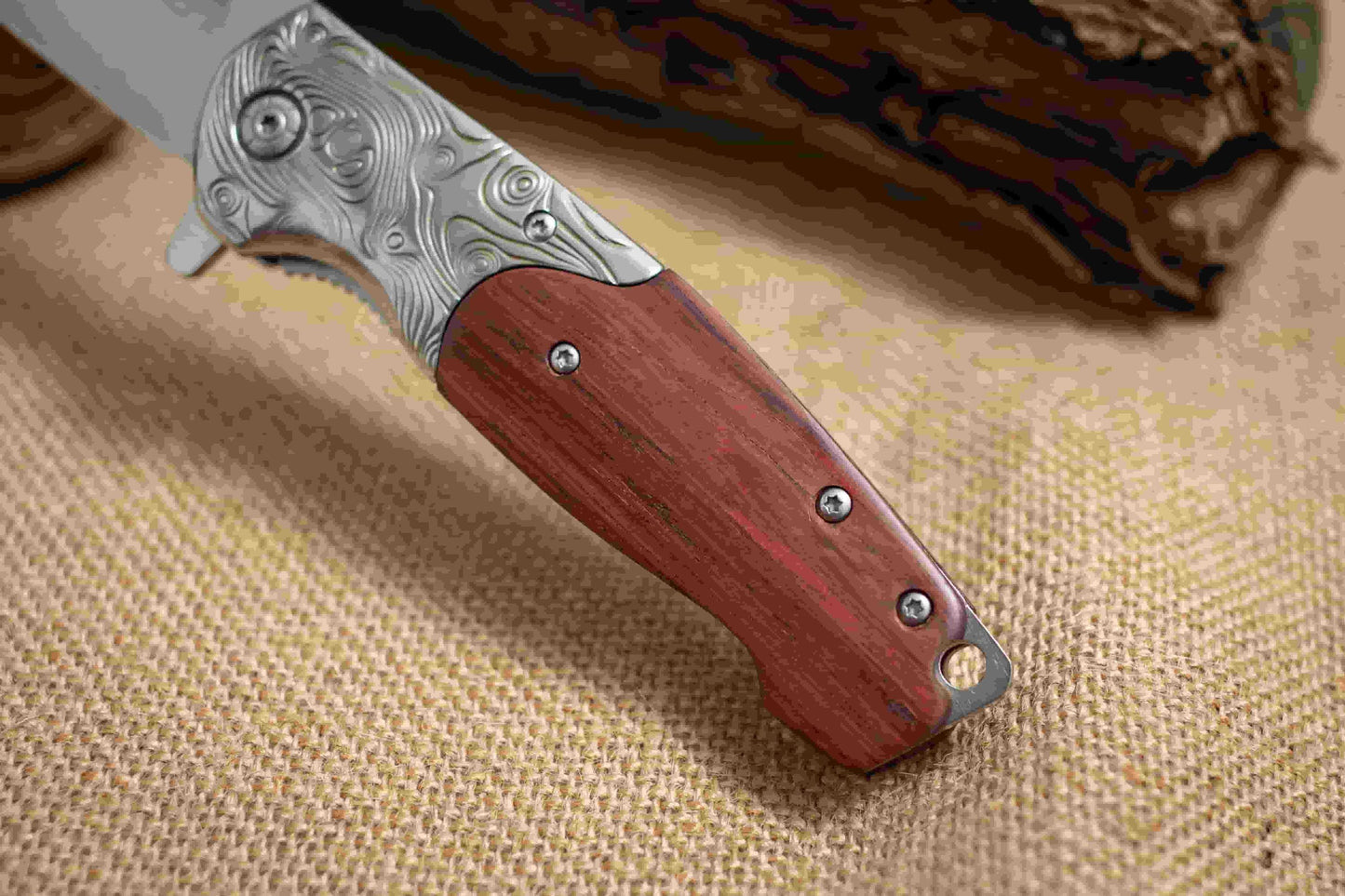 Rosewood Handle Folding EDC Knife – 3Cr13 Steel Blade, Brushed Titanium Finish, Premium Pocket Knife
