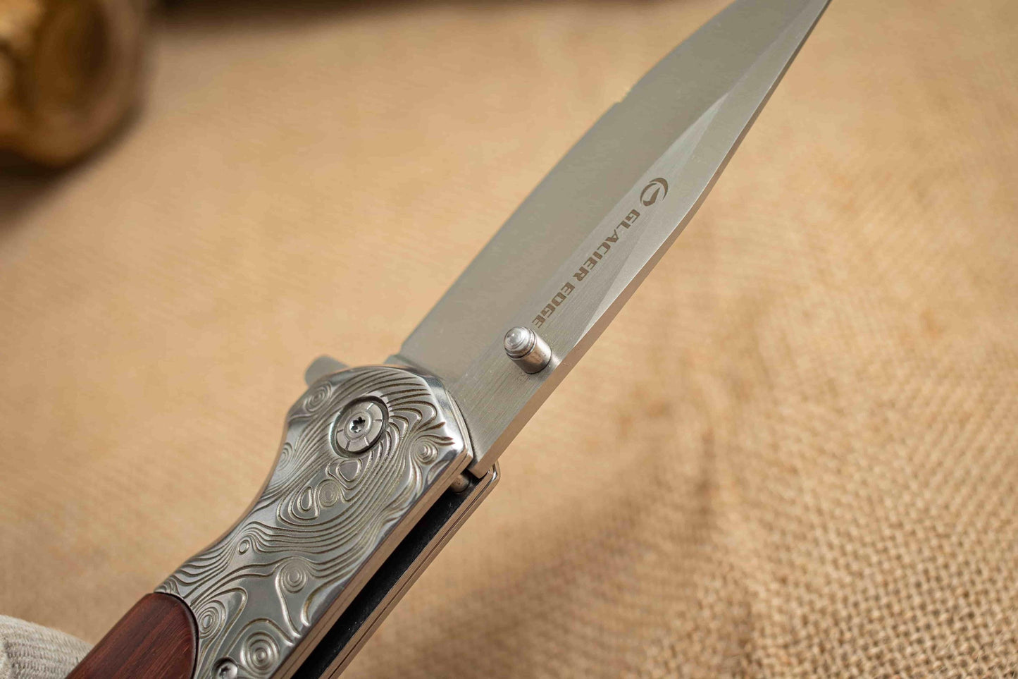 Rosewood Handle Folding EDC Knife – 3Cr13 Steel Blade, Brushed Titanium Finish, Premium Pocket Knife