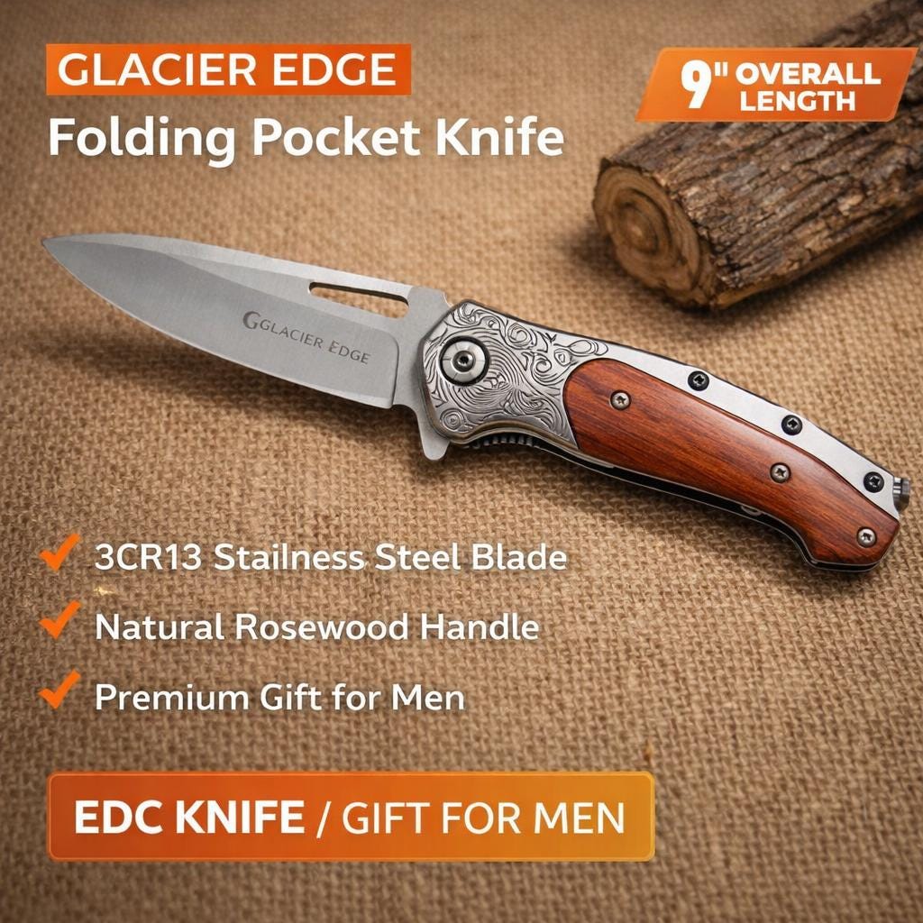 Rosewood Handle Folding EDC Knife – 3Cr13 Steel Blade, Brushed Titanium Finish, Premium Pocket Knife