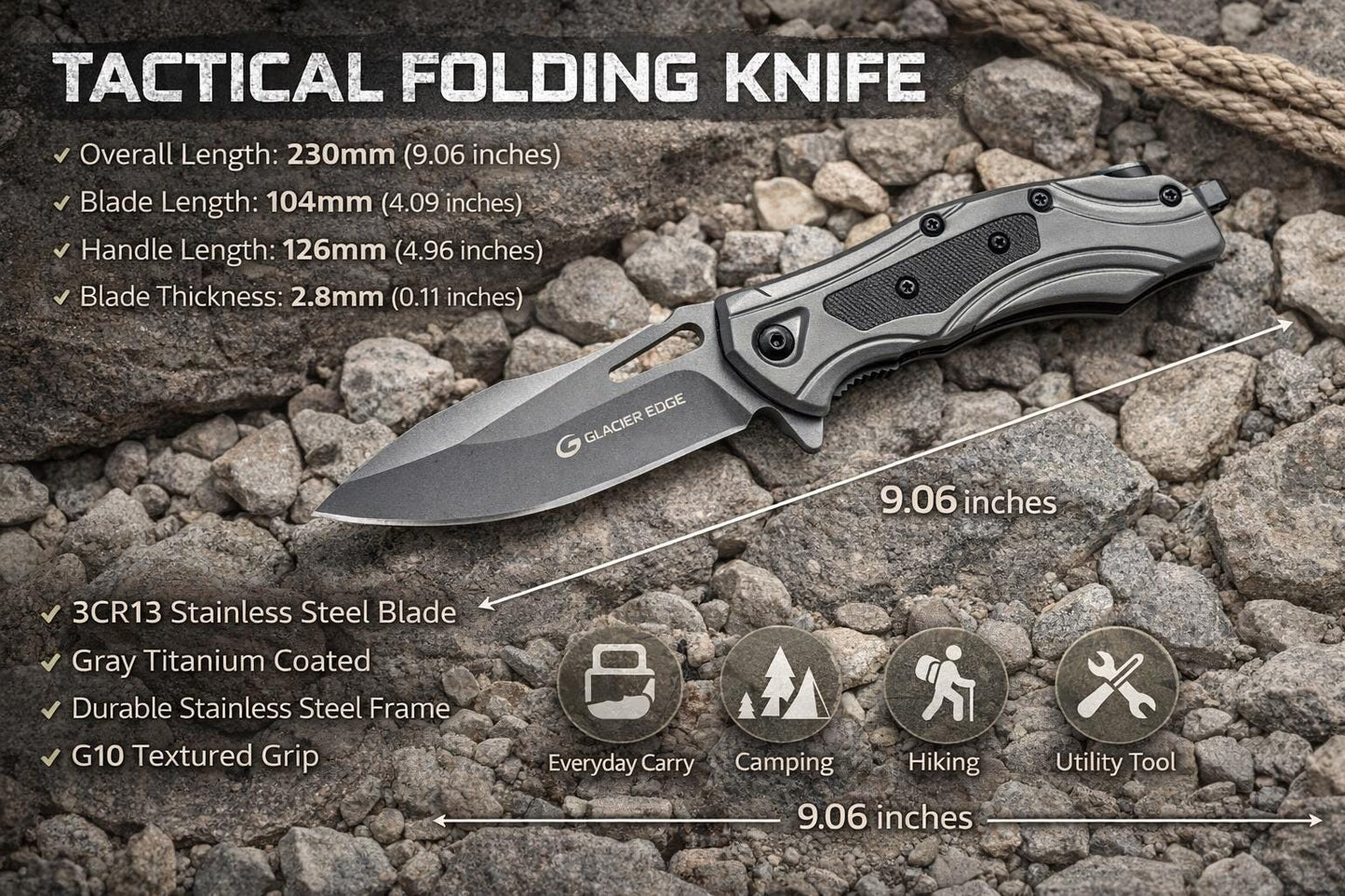Tactical G10 Folding EDC Knife – Titanium Stonewashed 3Cr13 Blade, Lightweight Utility Tool