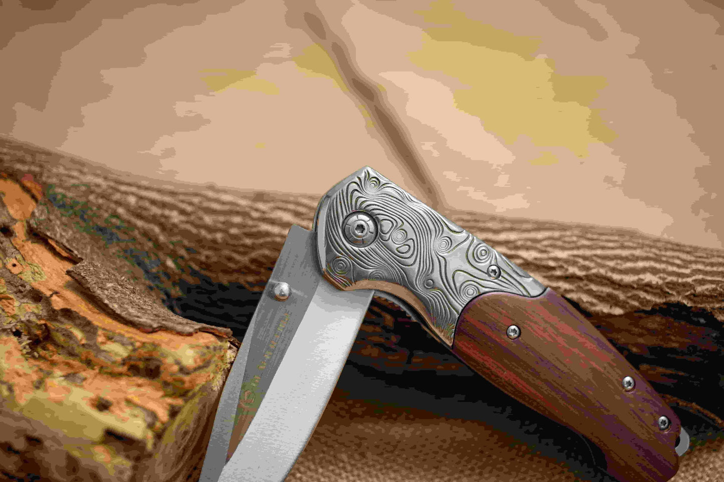 Rosewood Handle Folding EDC Knife – 3Cr13 Steel Blade, Brushed Titanium Finish, Premium Pocket Knife