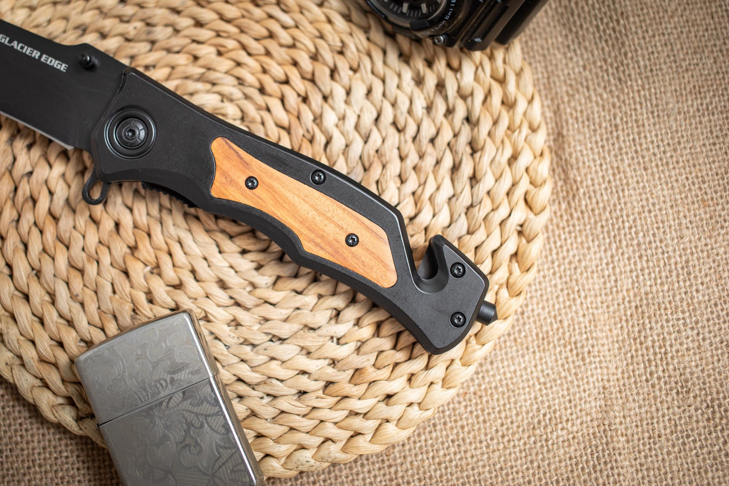 Black Steel Folding EDC Knife – 3Cr13 Blade, Olive Wood Inlay, Lightweight Utility Tool