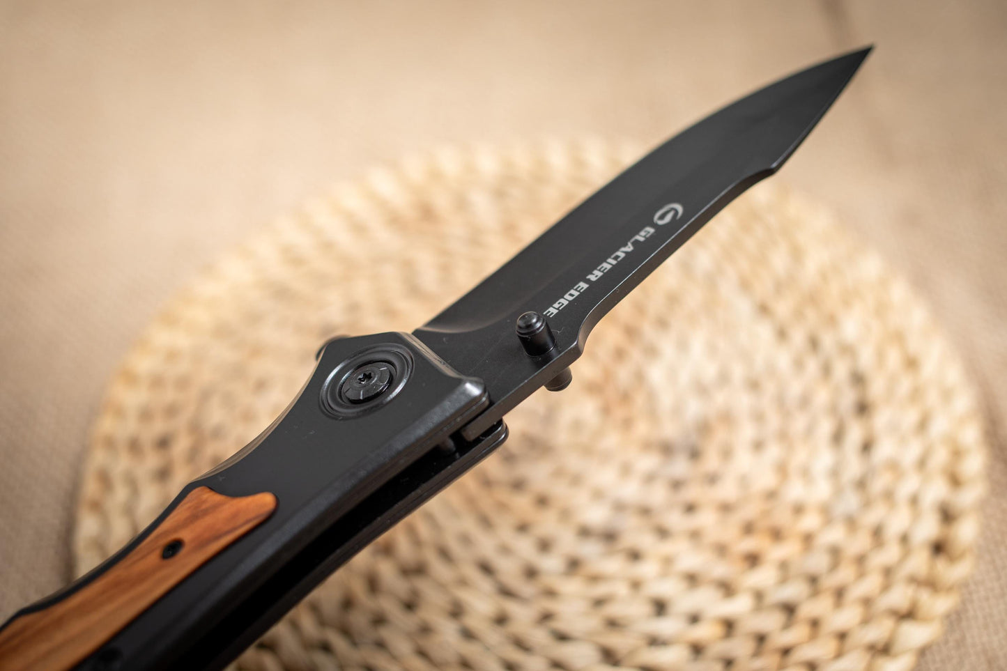 Black Steel Folding EDC Knife – 3Cr13 Blade, Olive Wood Inlay, Lightweight Utility Tool